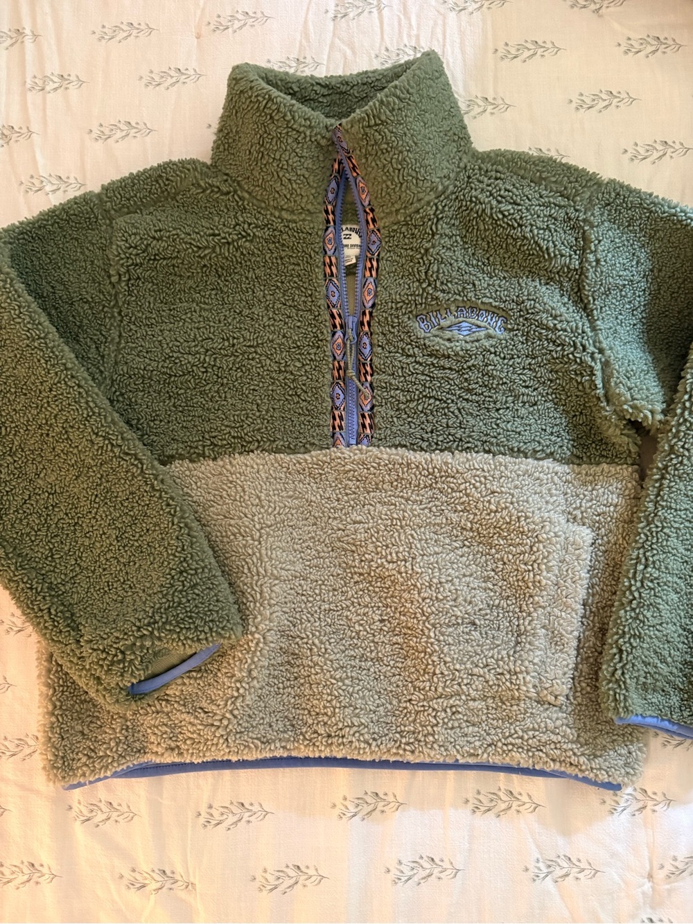 Billabong Olive Green Two-Tone Sherpa Quarter-Zip with Patterned Trim